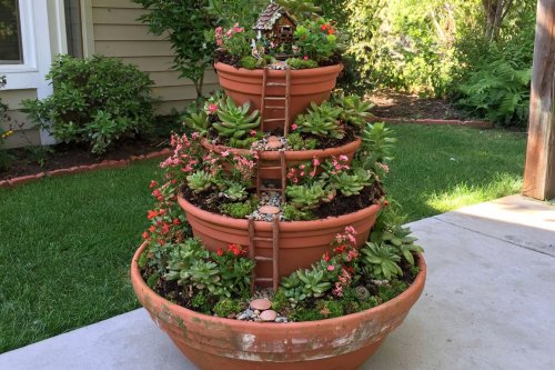 DIY Tiered Terracotta Fairy Garden With Succulents