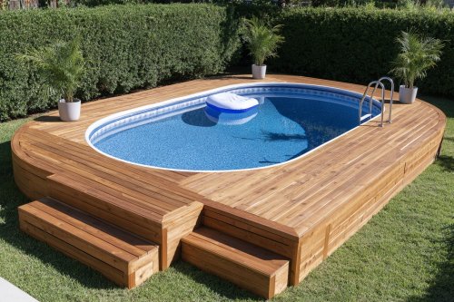 Oval Above-Ground Pool Deck With Freestanding Wood Frame