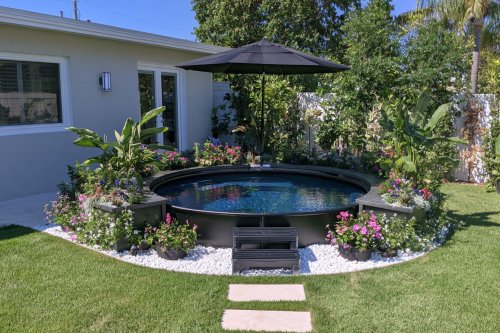 Tropical Backyard Pool Build With Planters and Gravel