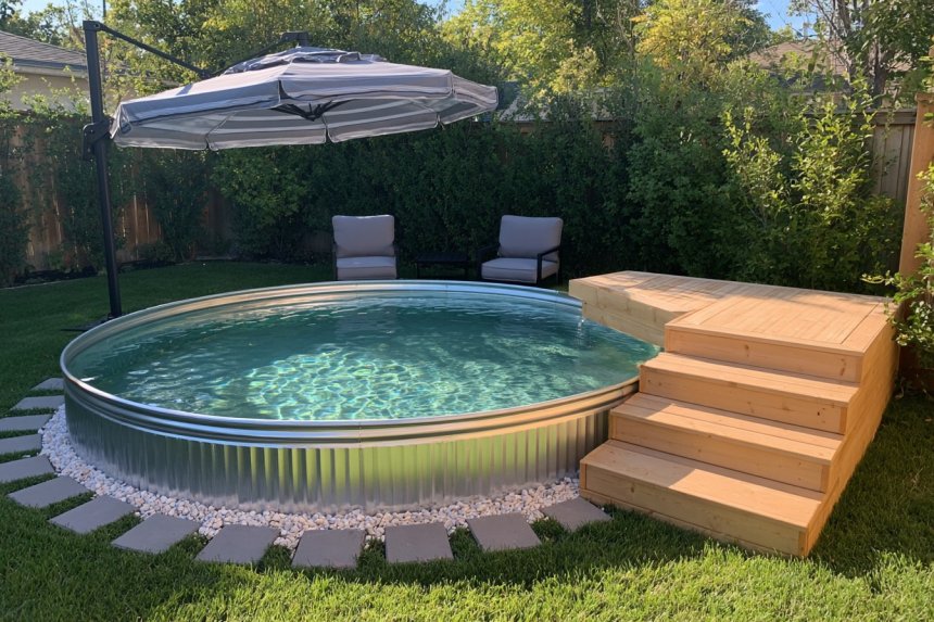 DIY Stock Tank Pool With a Wood Deck and Gravel Border