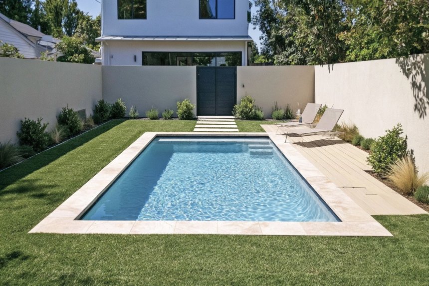 Modern Backyard Pool Build With Stone Coping and Wood Deck