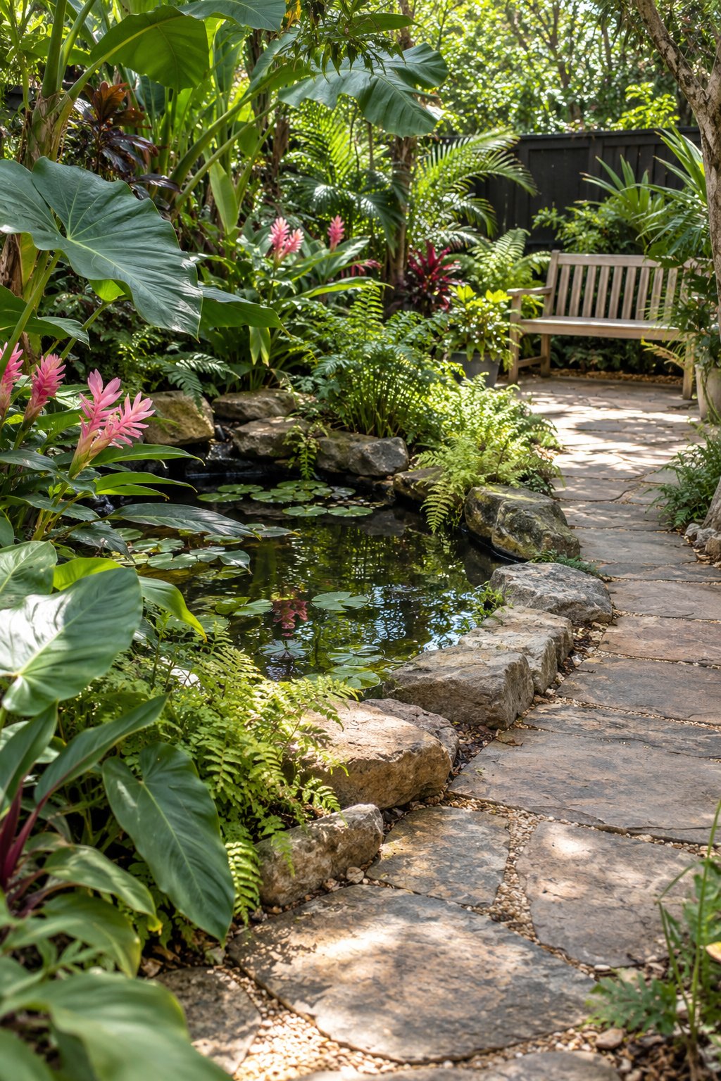 Stone-edged tropical pond partly hidden by broad leaves and pink flowers beside a path to a pale bench