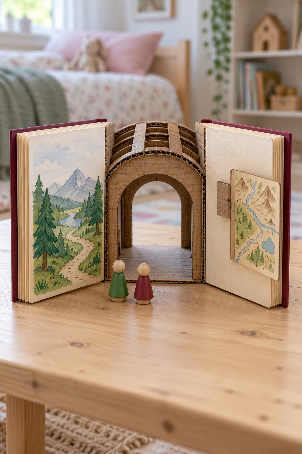 Small cardboard storybook passage on a craft table with forest covers and two wooden toy figures