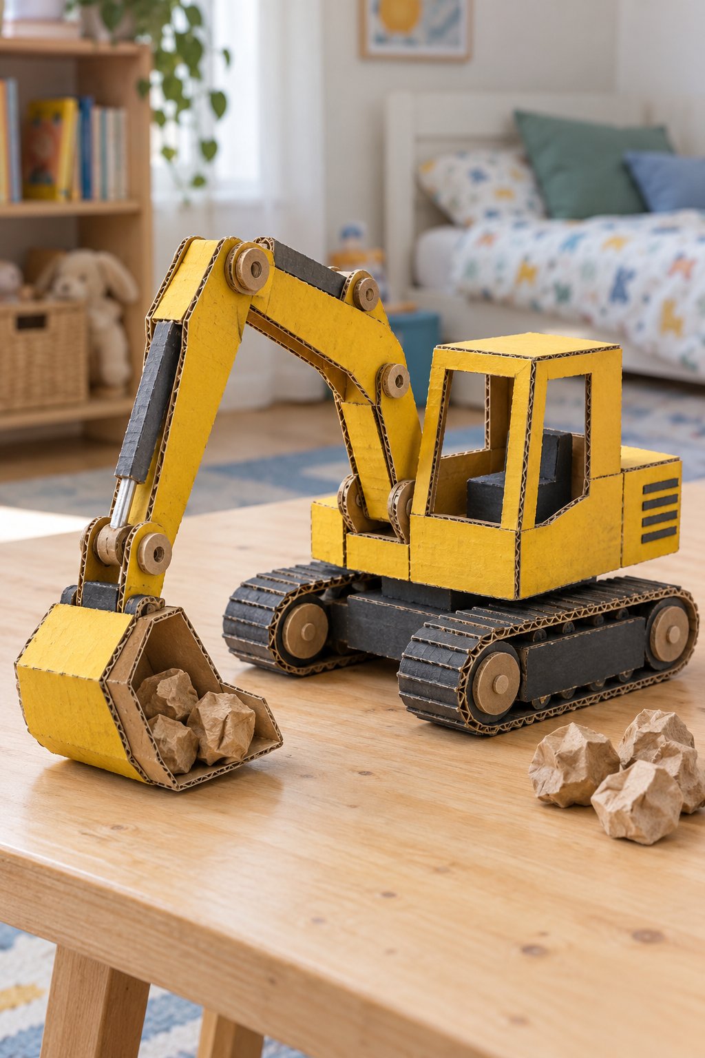 Small yellow cardboard excavator with a supported arm and scoop holding crumpled paper rocks