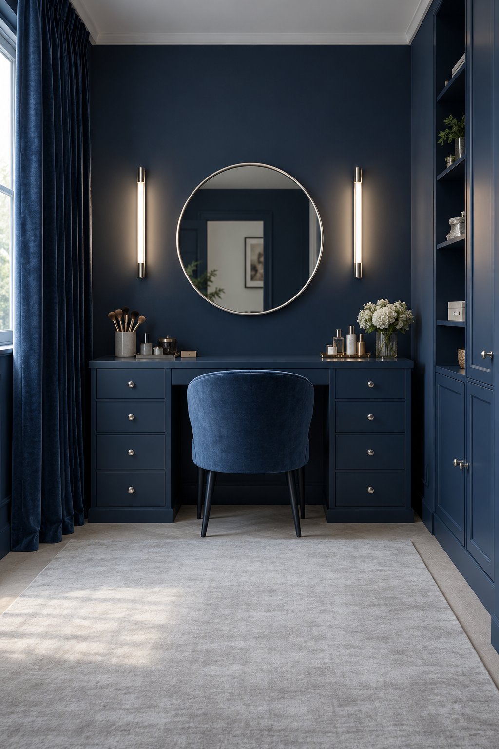 Centered navy vanity with matching drawers, a round mirror, slim silver lights and a pale gray rug
