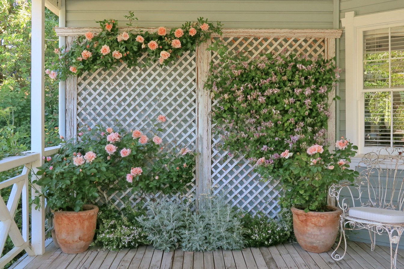 Climbing plants growing on a secure privacy trellis beside a veranda