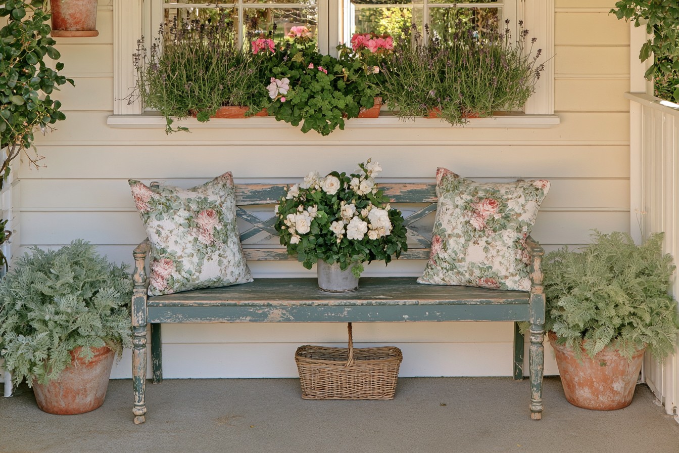 Restored secondhand wooden bench on a vintage garden veranda