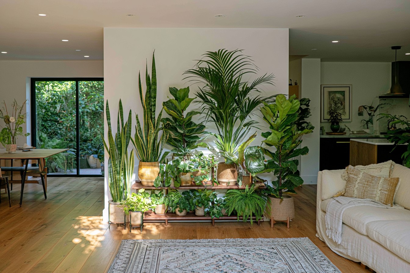 Freestanding plants creating a partial divider in an open-plan room