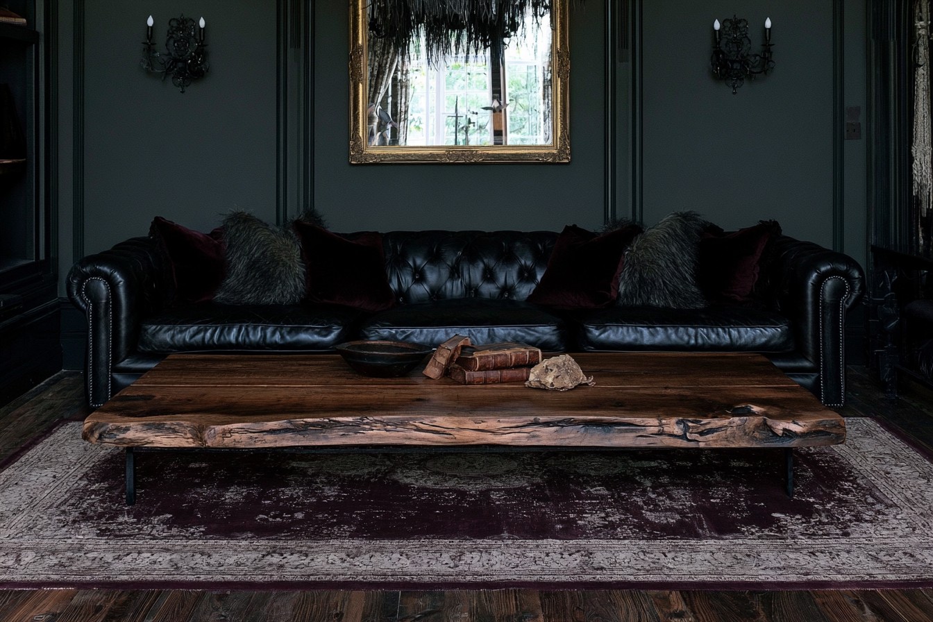 Western Gothic living room with a distressed timber coffee table