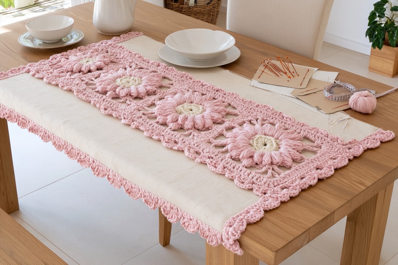 3. Crochet a Lace-Inspired Pink Table Runner