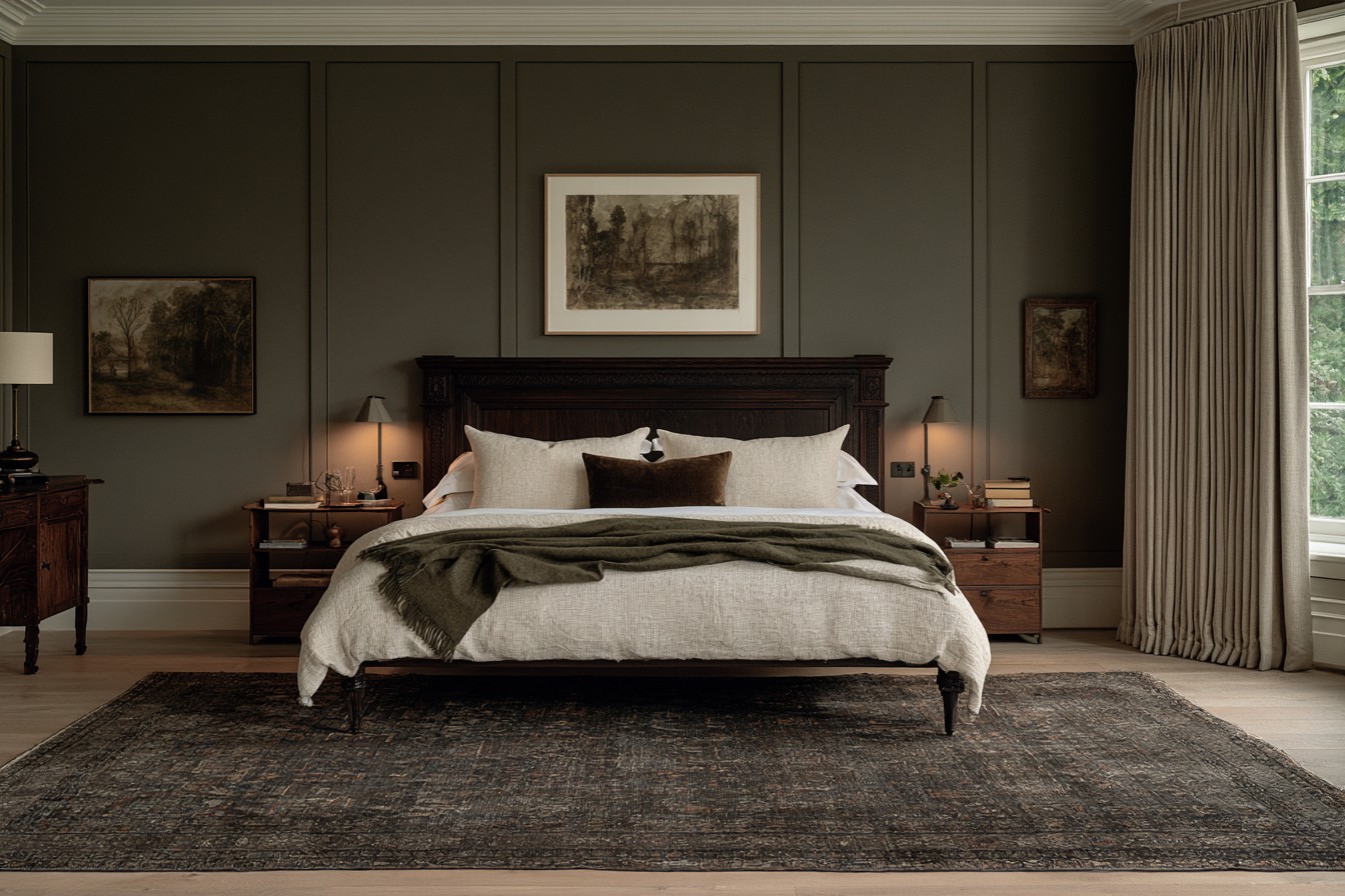 Layered bedding with traditional fabrics and neutral colors