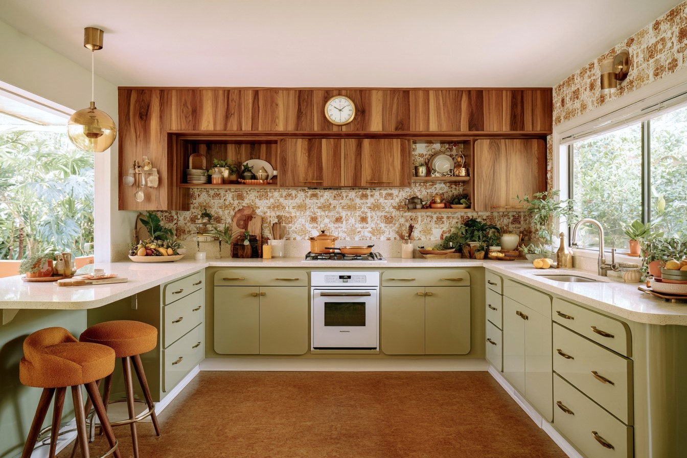 Retro 1970s kitchen using avocado green and walnut