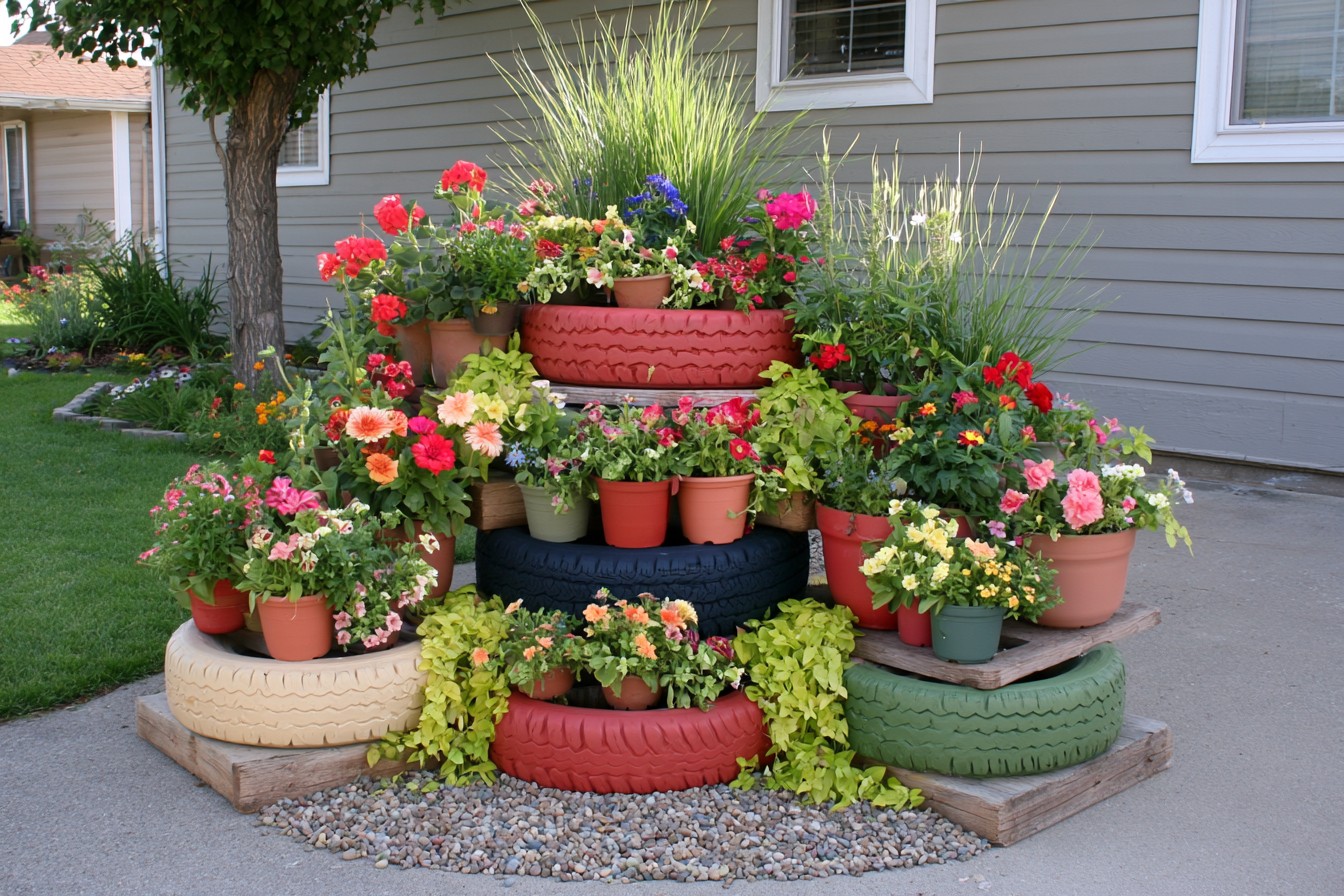 12. Arrange A Tiered Courtyard Plant Display