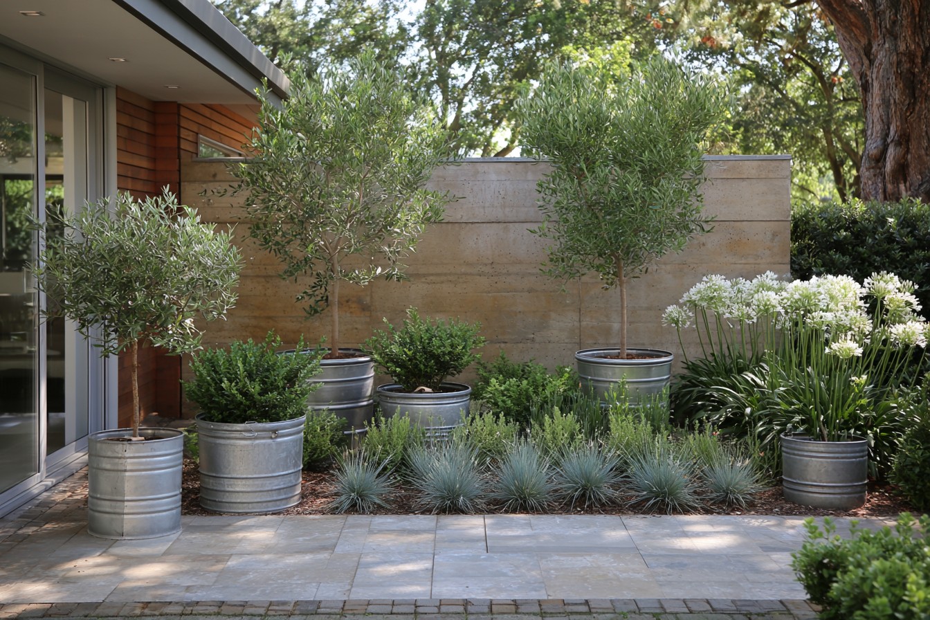 Repurposed metal containers used as restrained modern garden planters