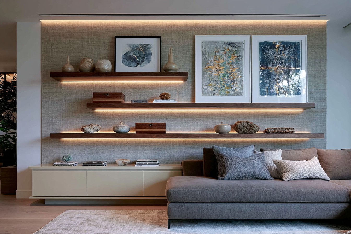 Concealed task lighting installed beneath a wall shelf