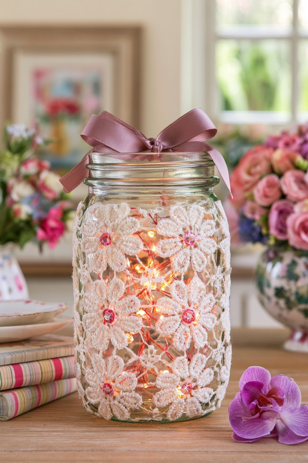 4. Lace Covered Mason Jar Light