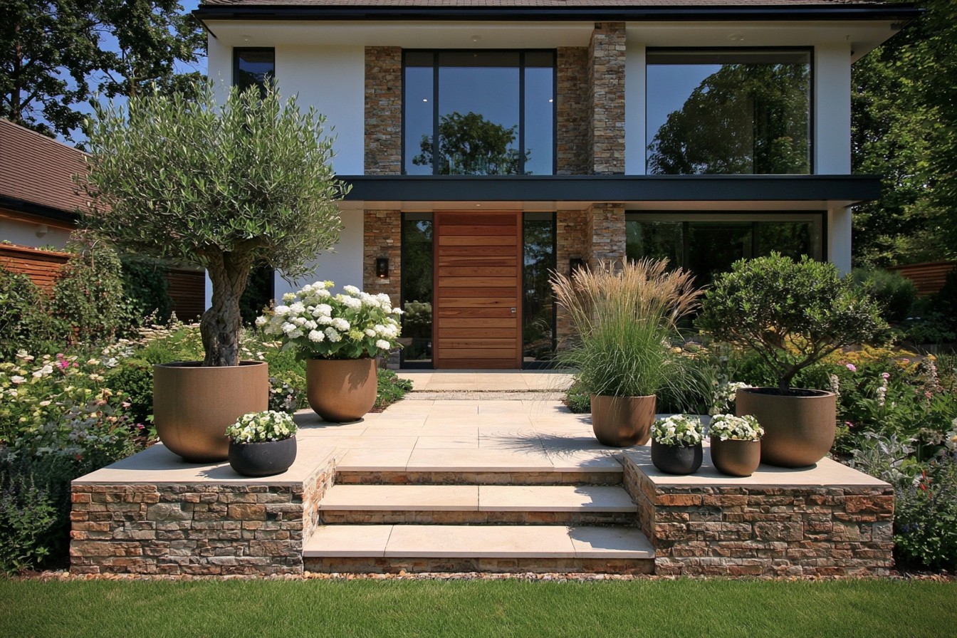 Large planters used as measured focal points in a minimalist garden