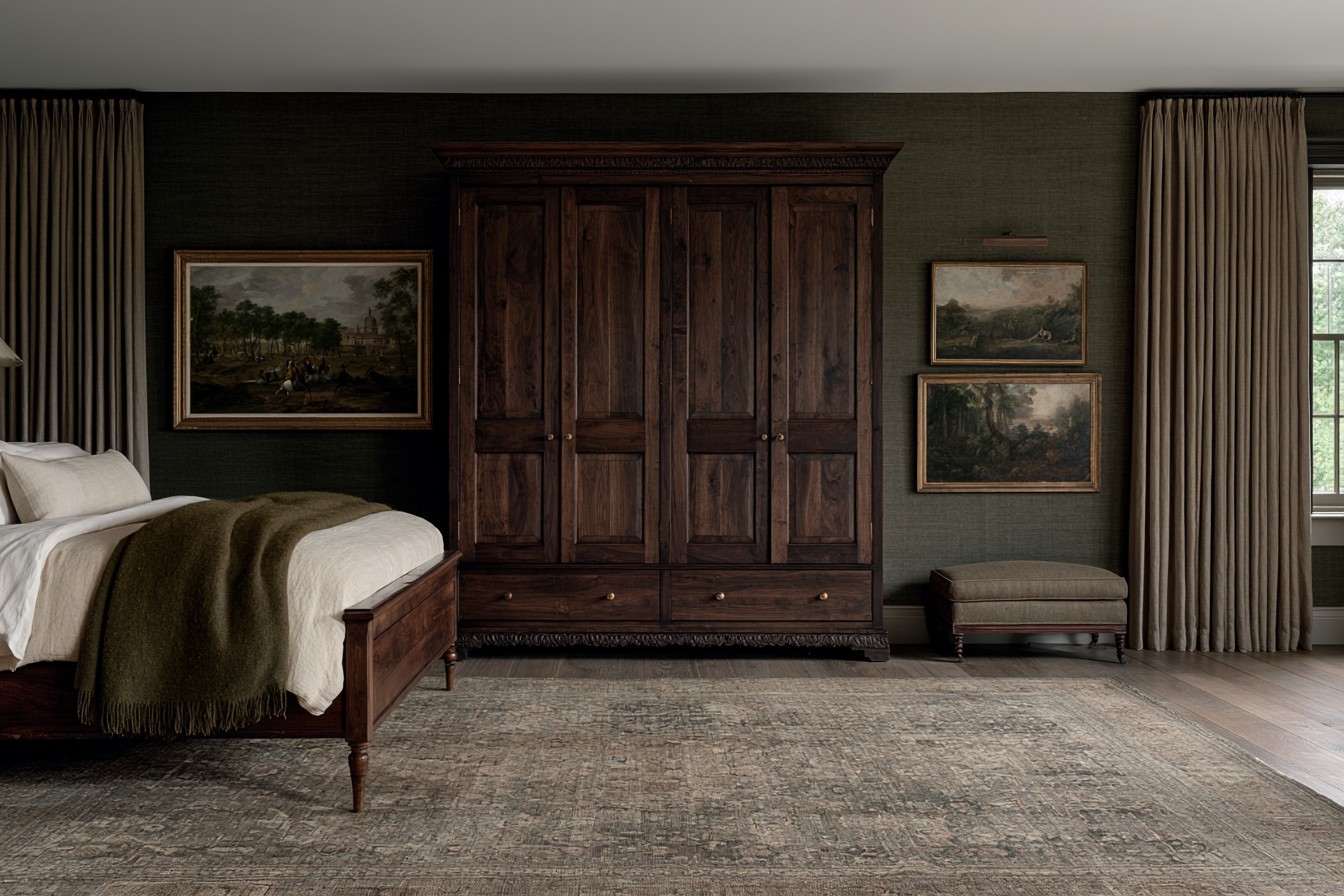 Tall wooden armoire providing storage in a classic bedroom
