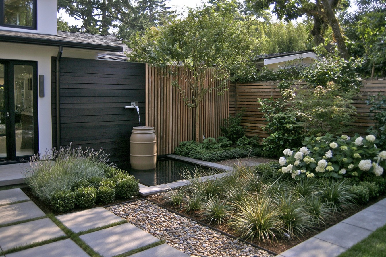 Covered rainwater collection system serving a minimalist garden