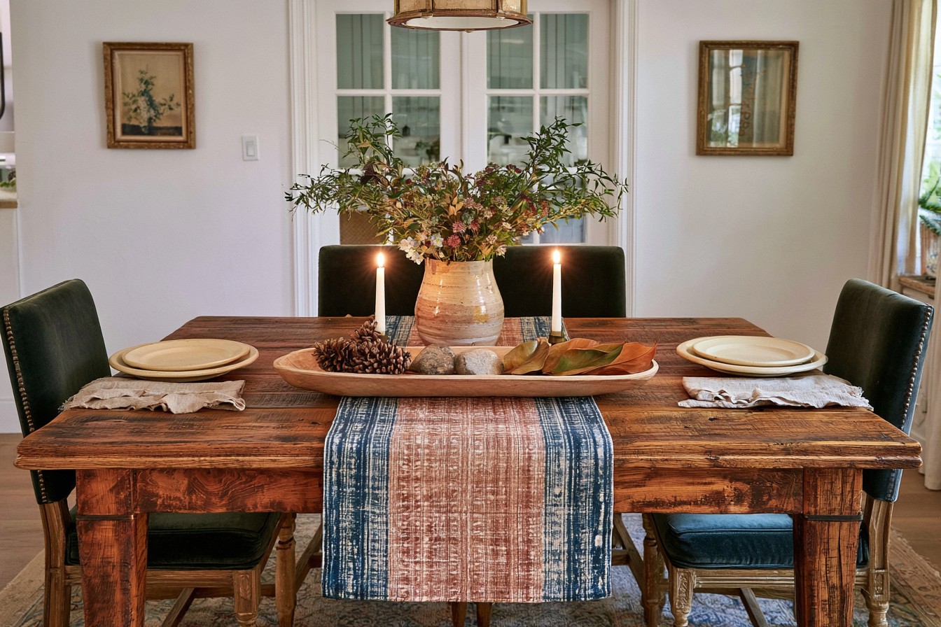 Dining table refreshed with reusable linens and seasonal natural accents