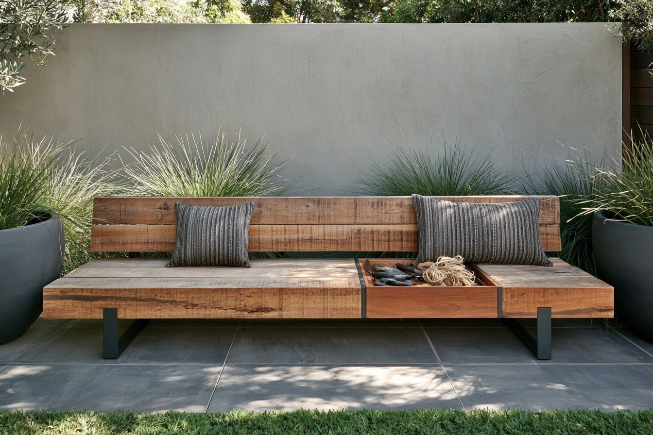 Simple reclaimed timber bench built for a minimalist garden