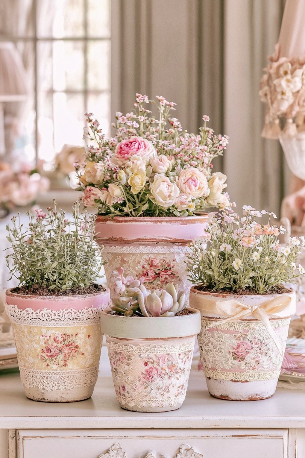 2. Vintage Lace Covered Flower Pots