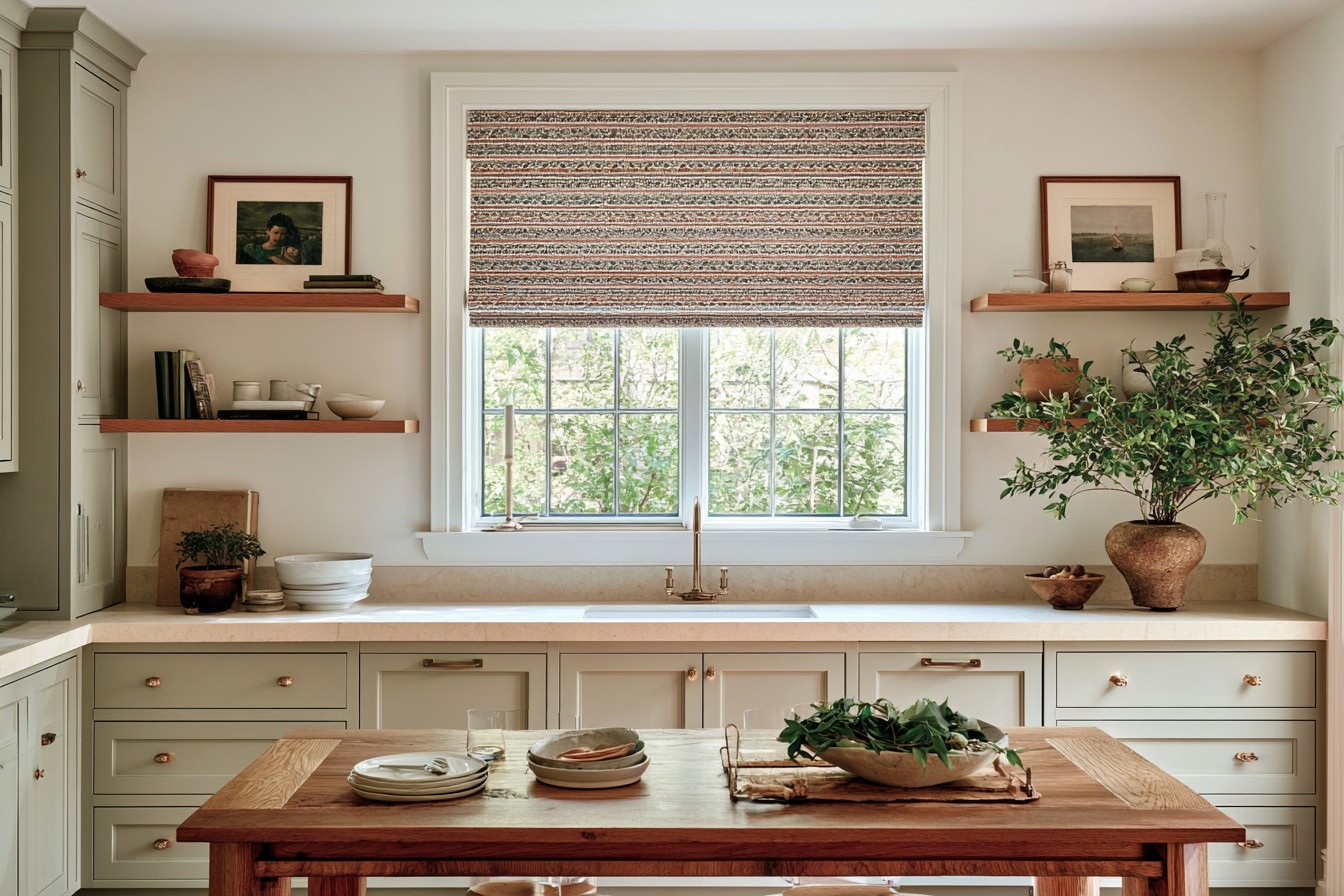 Compact washable window covering fitted above a kitchen counter