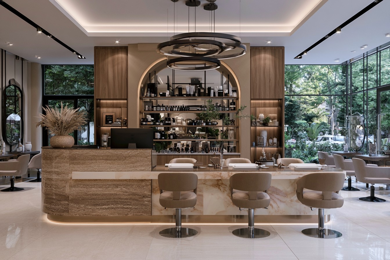 Beauty salon featuring durable natural stone-look surfaces
