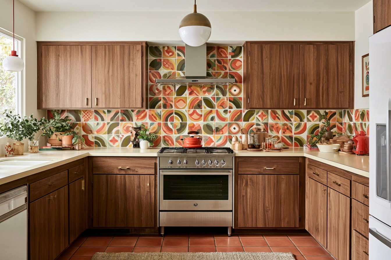 Retro kitchen with a geometric statement backsplash
