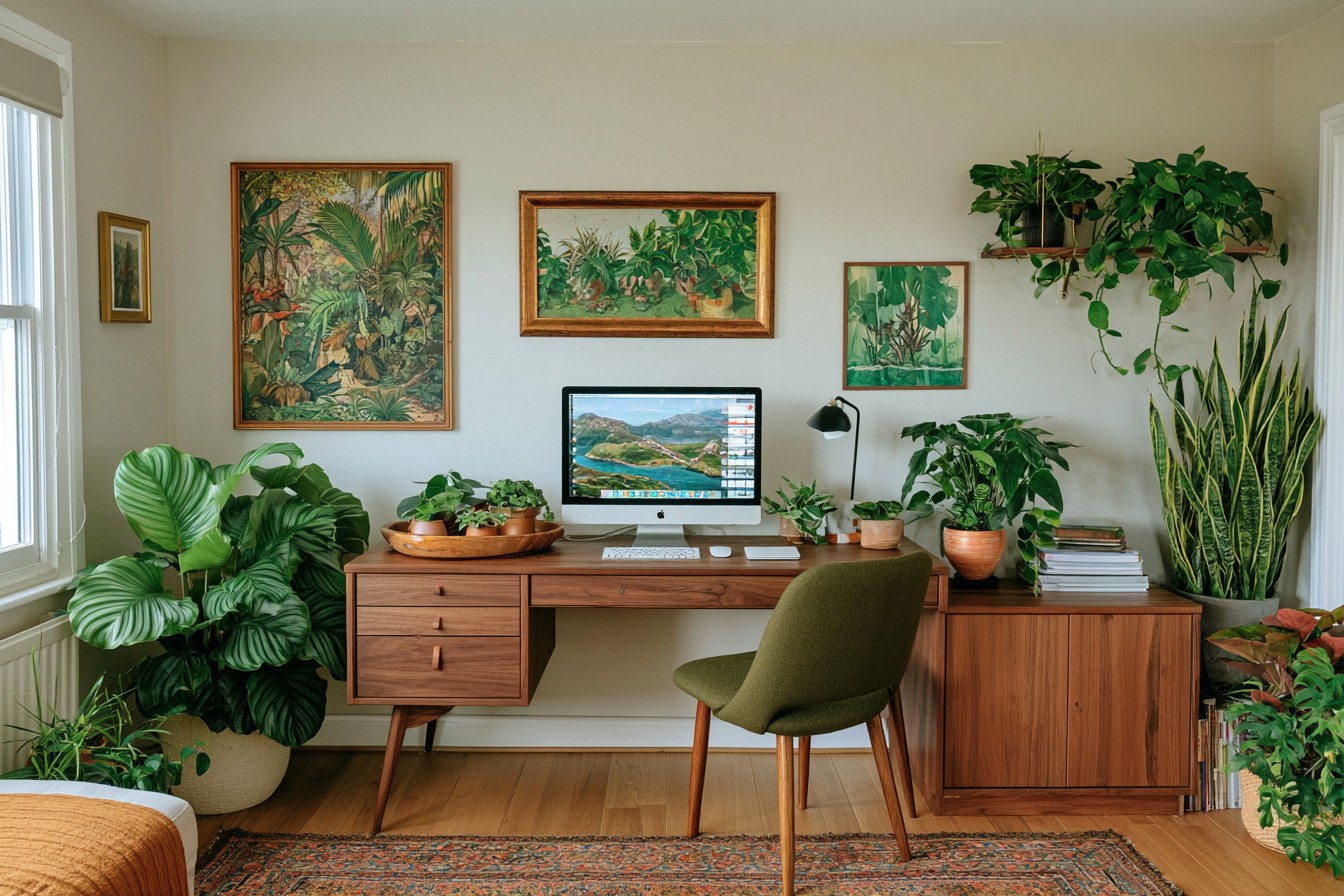 Home office plants positioned away from electronics and working space