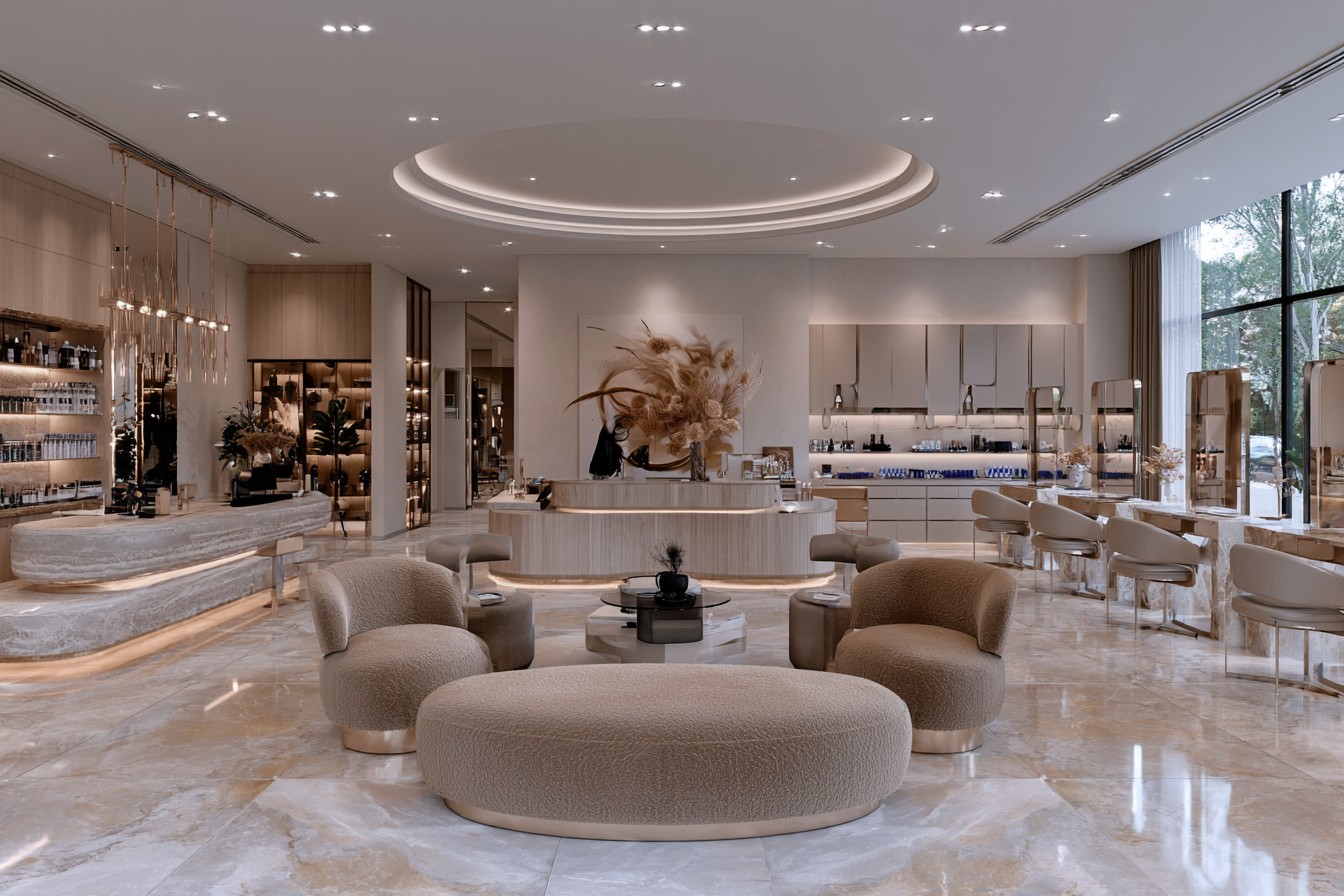 Beauty salon interior using a layered tone-on-tone palette