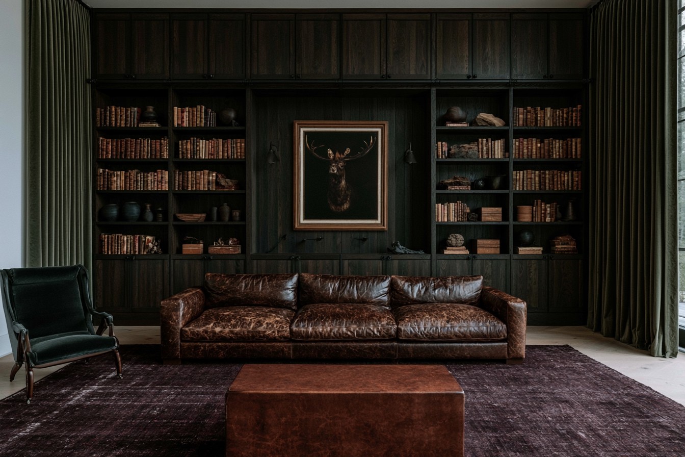 Western Gothic living room with dark timber bookcases