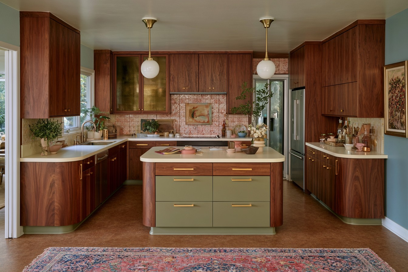 Retro kitchen fitted with modern walnut-style cabinetry