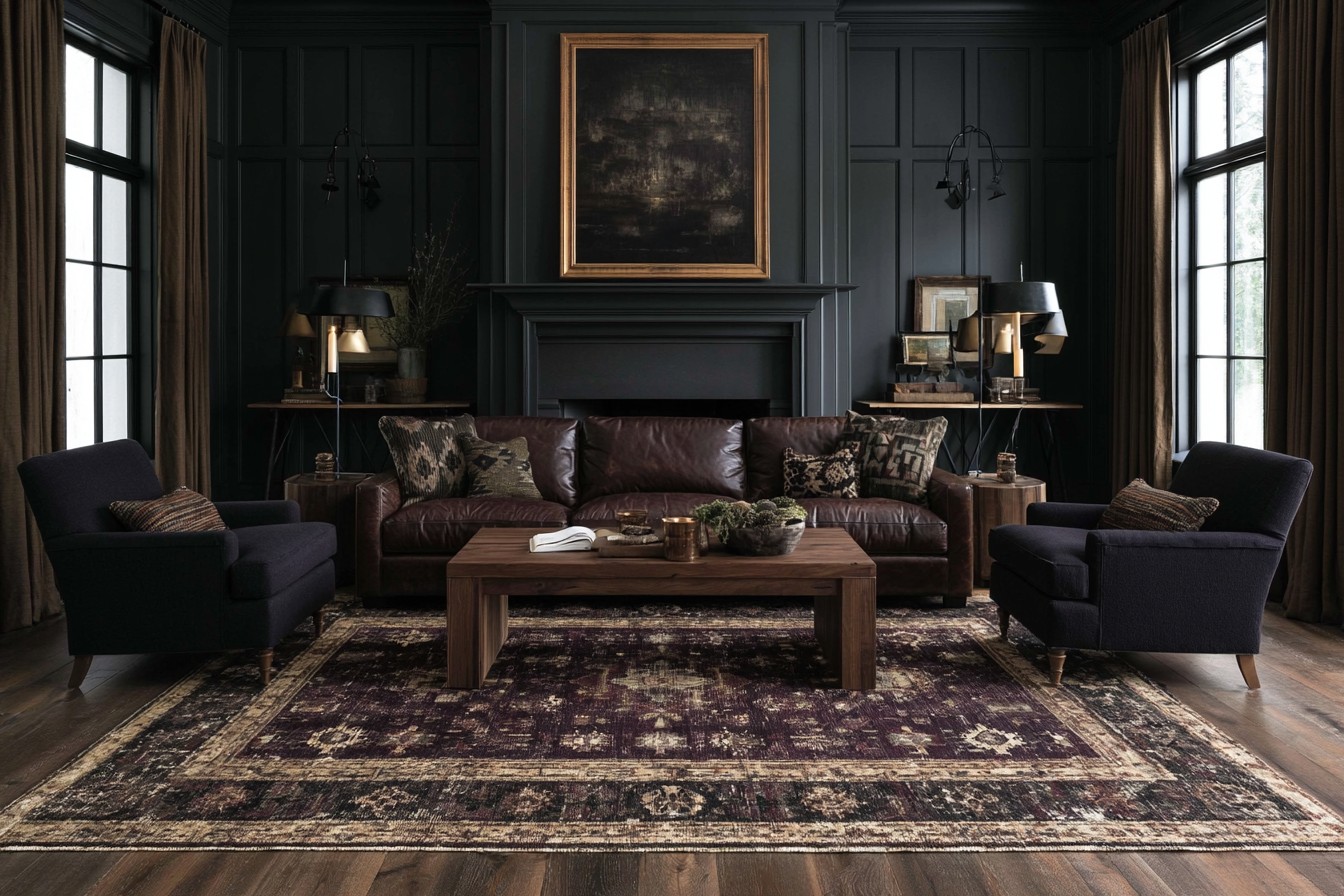 Western Gothic living room anchored by a large textured rug