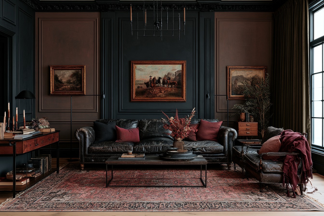 Western Gothic living room with charcoal walls and earth tones
