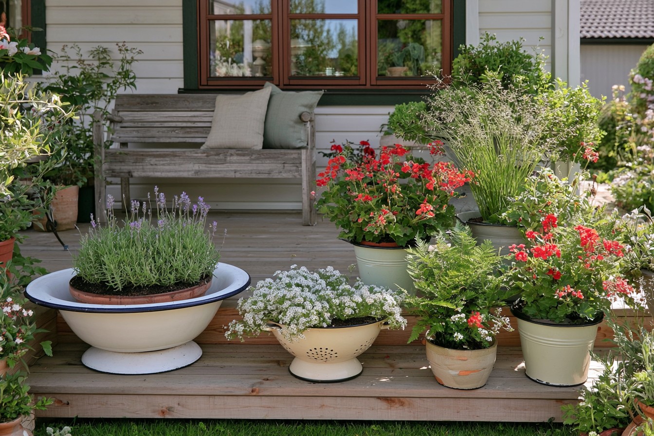 Vintage enamel containers repurposed as veranda planter covers