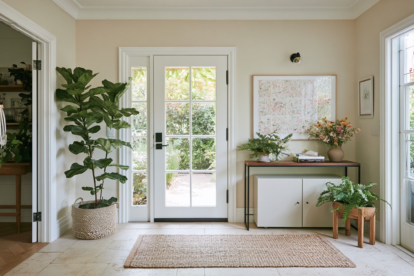 Stable indoor plant placed safely beside an organized entryway