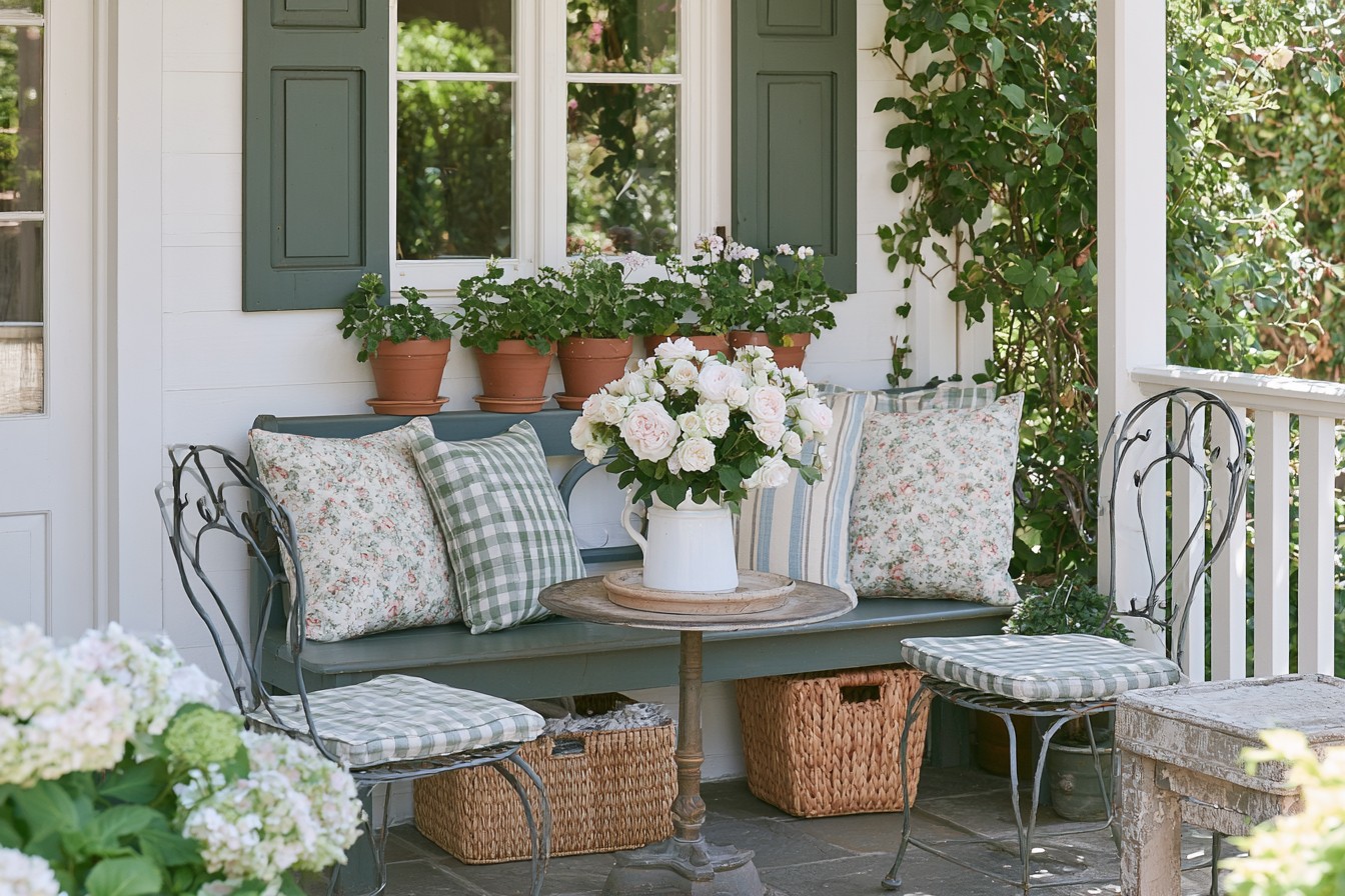 Floral outdoor cushion covers styled on vintage veranda seating