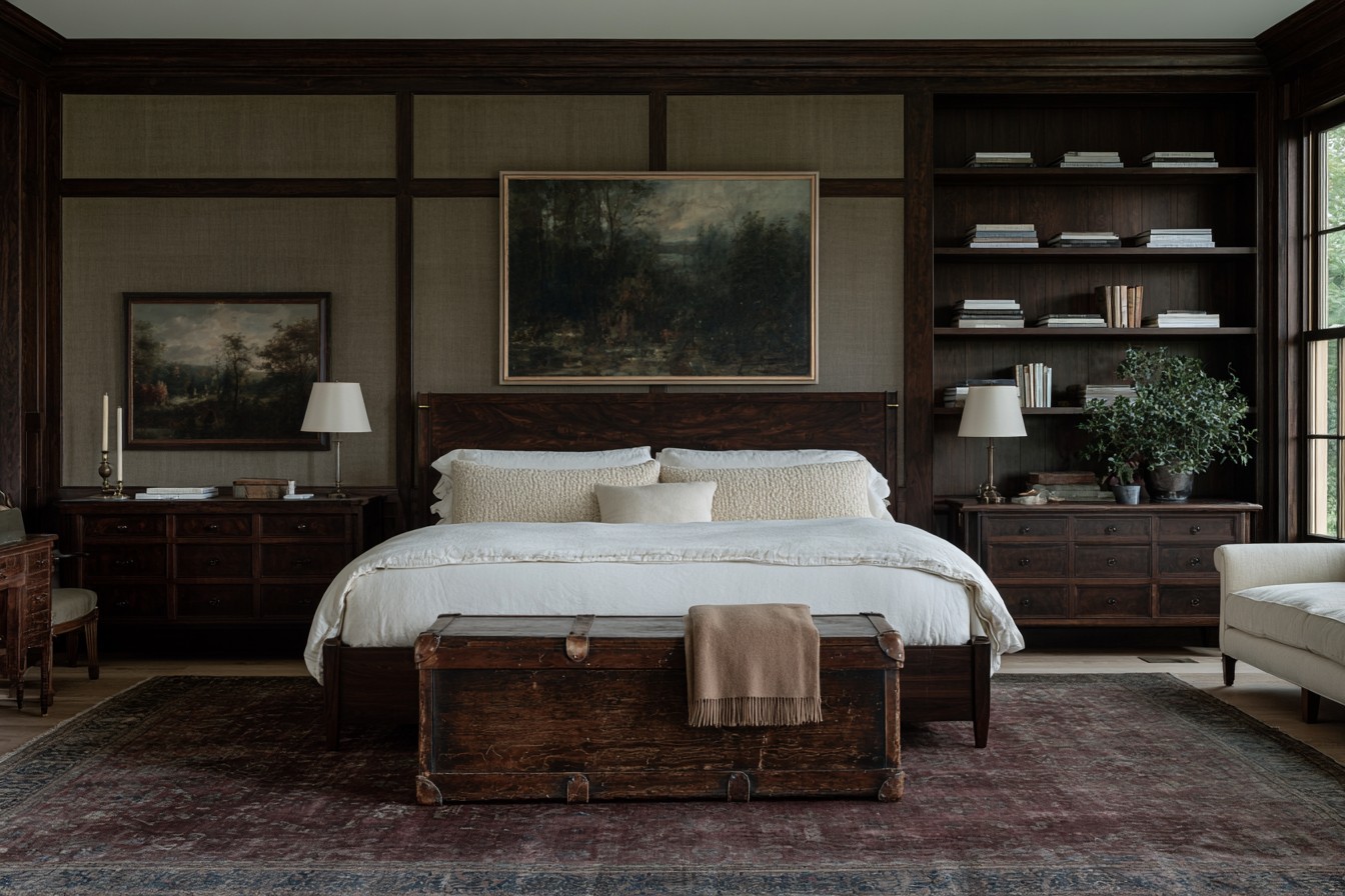 Vintage wooden storage trunk at the foot of a bed
