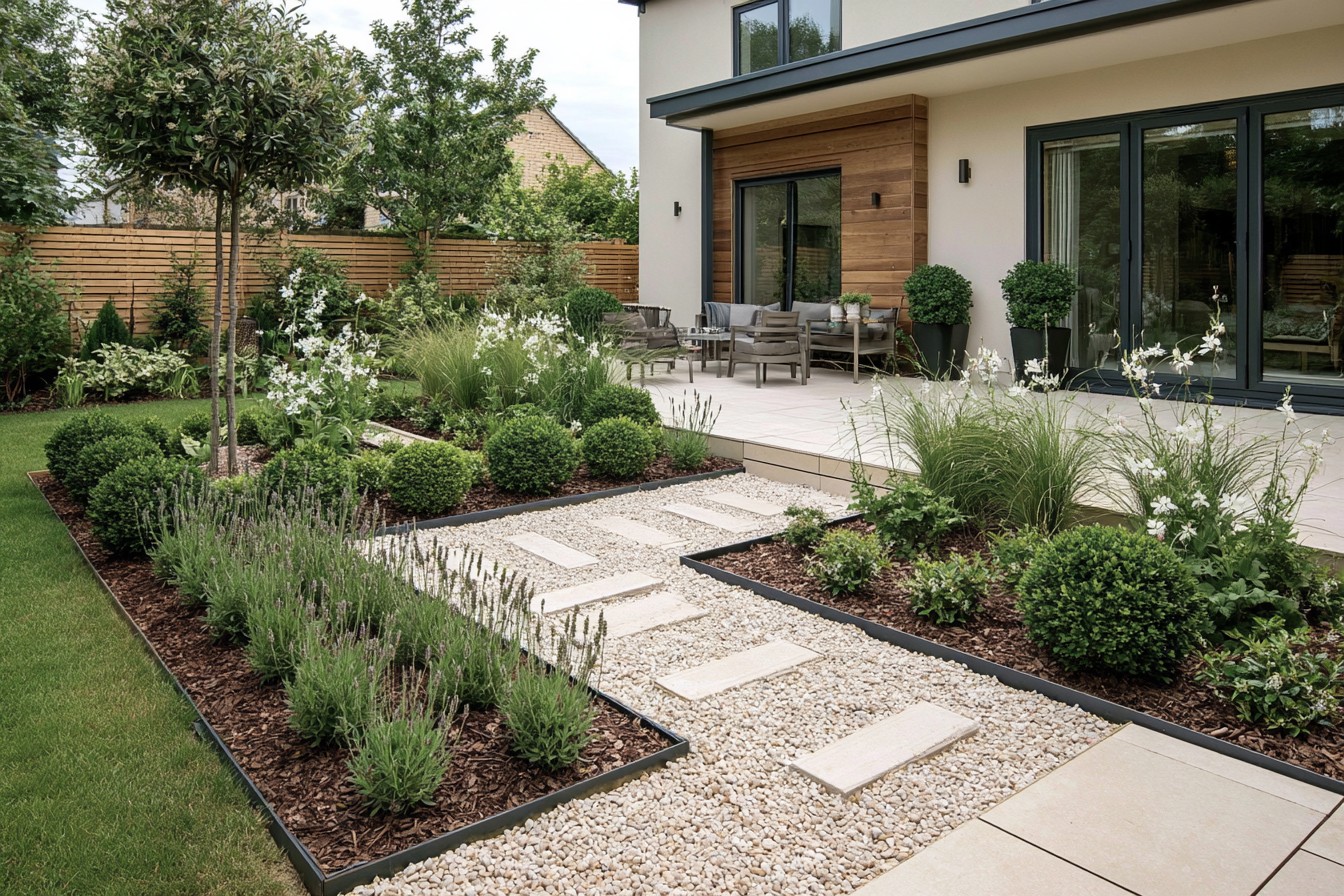 Repeated groups of climate-suitable plants in a minimalist garden bed