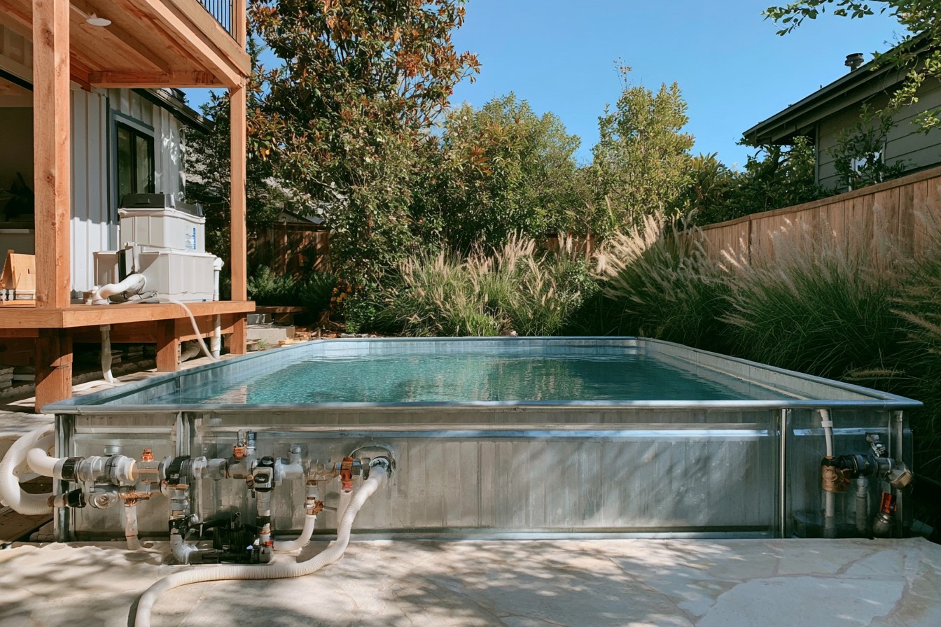 Protected stock tank pool pump with accessible leak-free plumbing connections