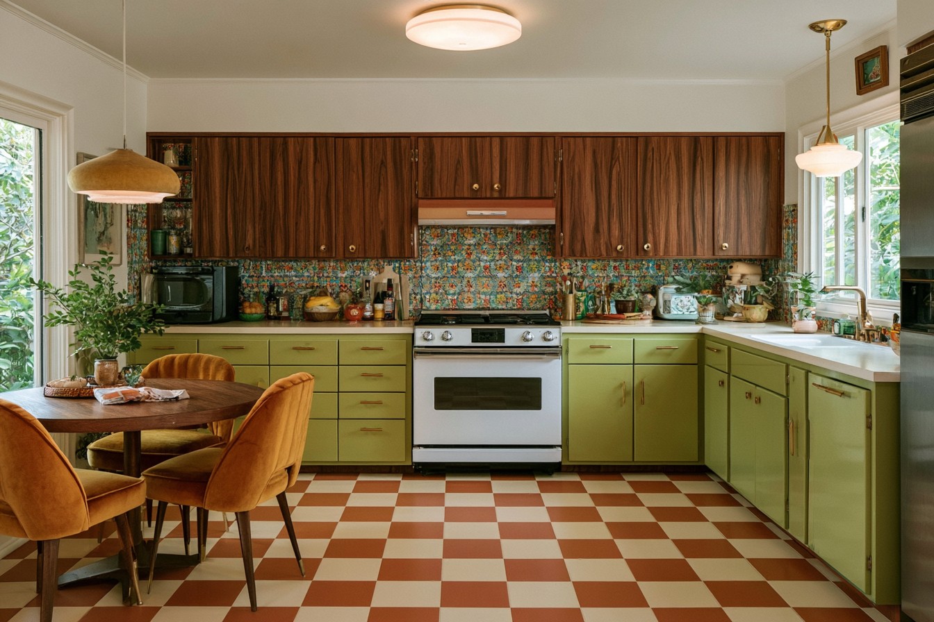 Retro kitchen with earthy checkerboard flooring