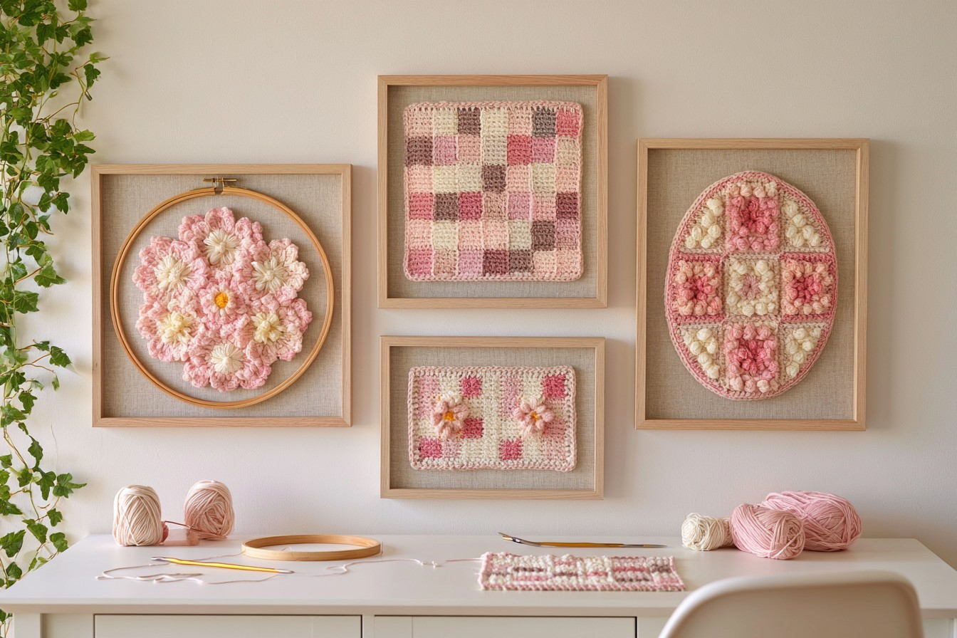 5. Display Framed Pink Crochet Wall Panels