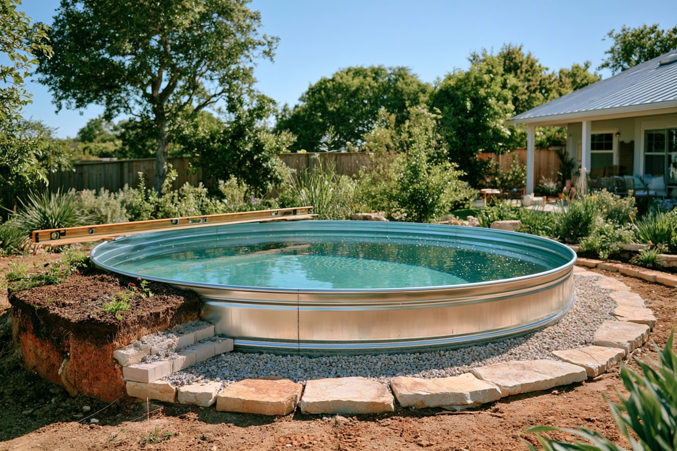 Level structural base prepared for the weight of a filled stock tank pool