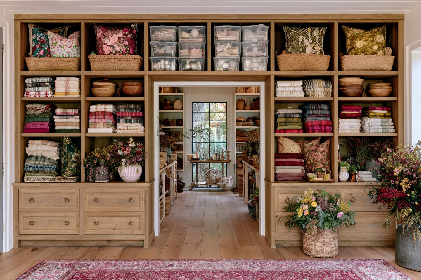 Labeled containers organizing seasonal decorations by room and material