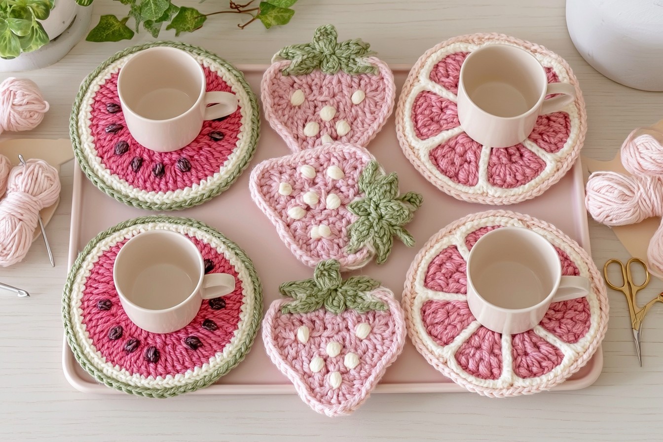 4. Design Pink Fruit Crochet Coasters