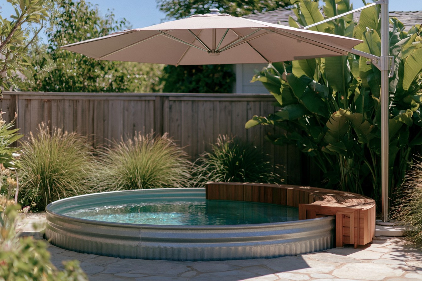 Secure shade structure positioned above a compact stock tank pool