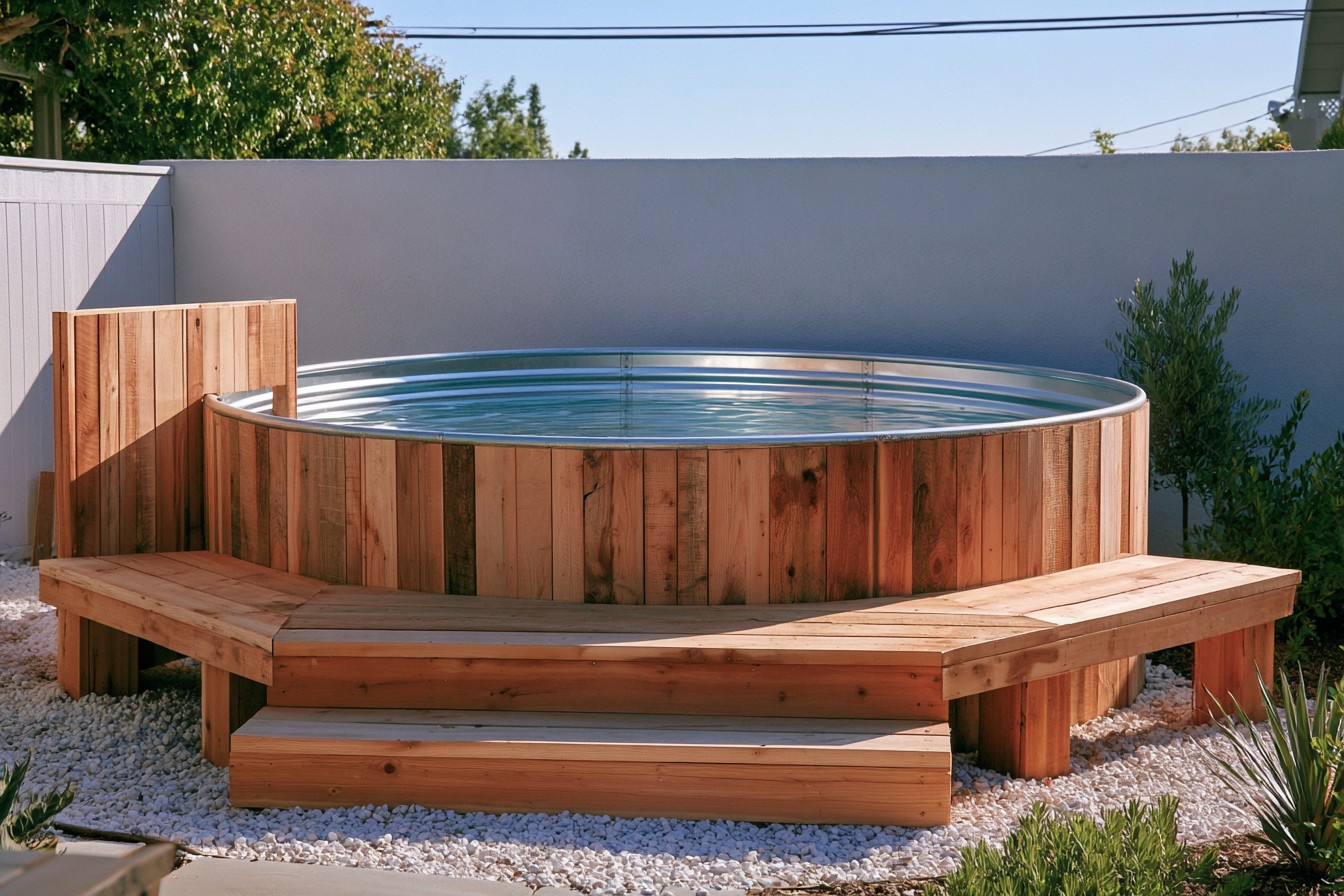 Ventilated removable wooden cladding built around a stock tank pool