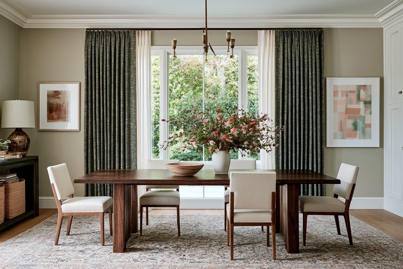 Tailored textured curtains framing an elegant dining room window