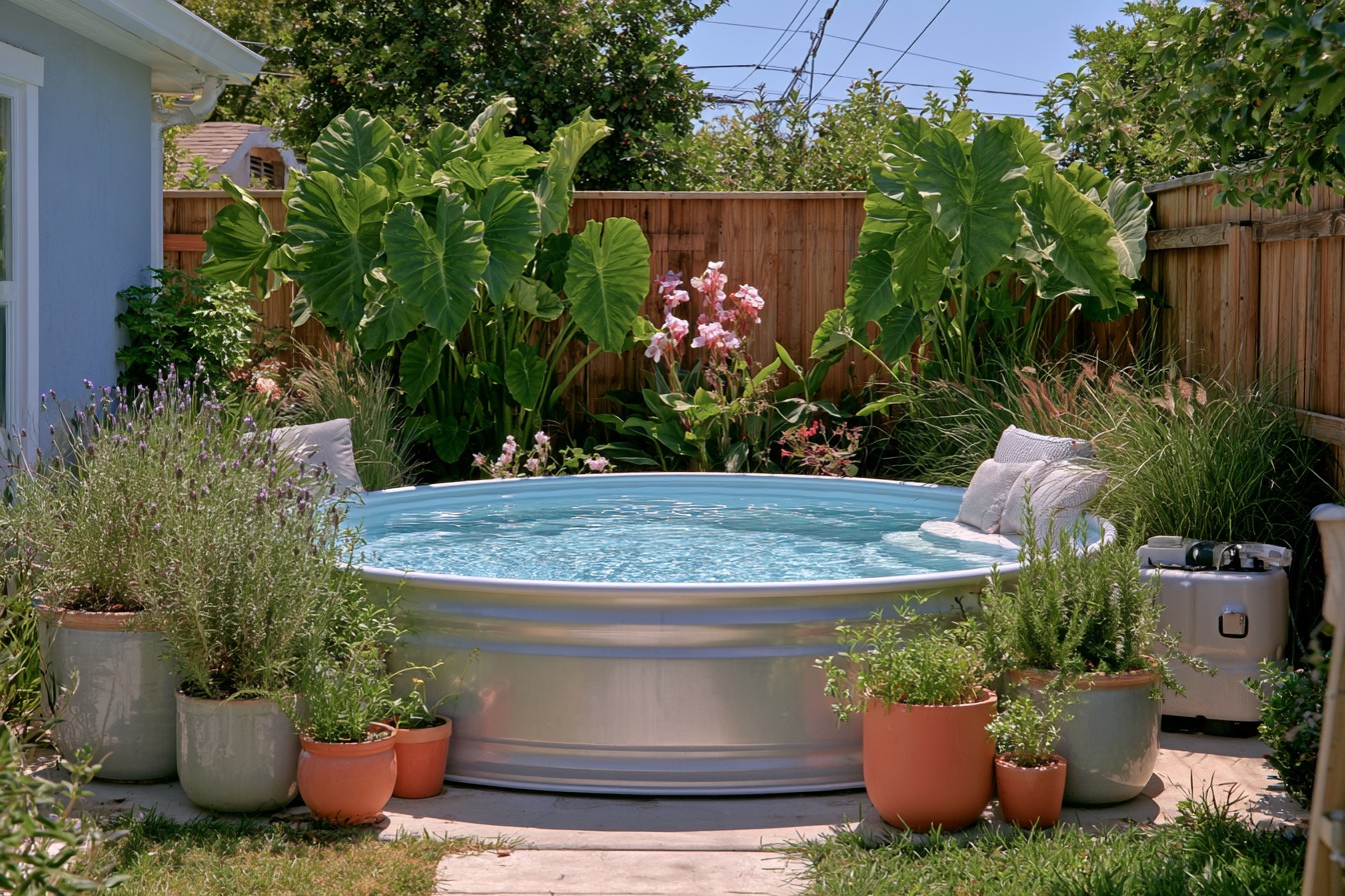 Durable container plants positioned safely around a stock tank pool